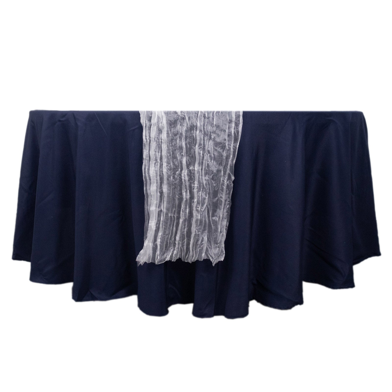9ft white sheer crinkled organza table runner on a navy blue table.