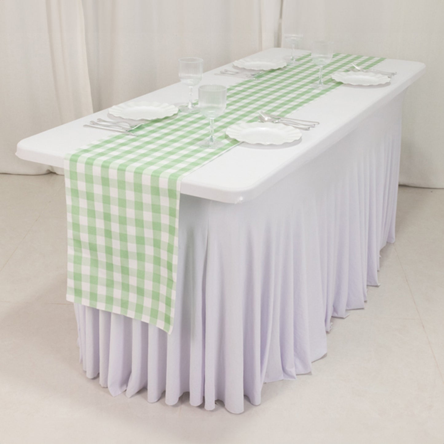 14"x108" White Sage Green White Gingham Polyester Checkered Table Runner, Buffalo Plaid Table Runner