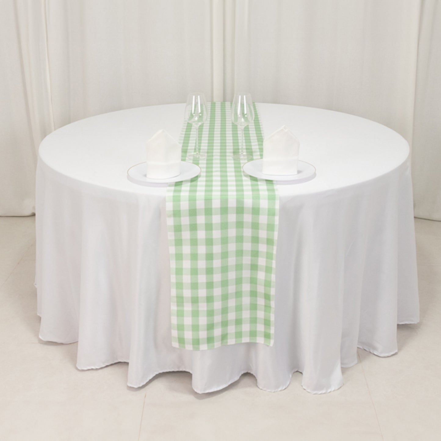 14"x108" White Sage Green White Gingham Polyester Checkered Table Runner, Buffalo Plaid Table Runner