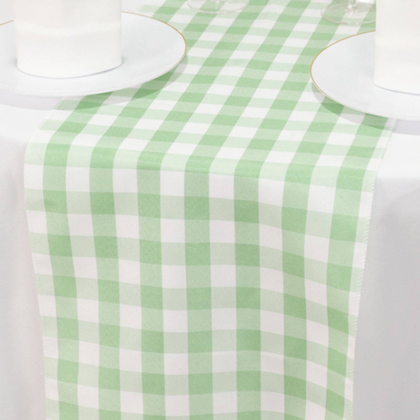 14"x108" White Sage Green White Gingham Polyester Checkered Table Runner, Buffalo Plaid Table Runner