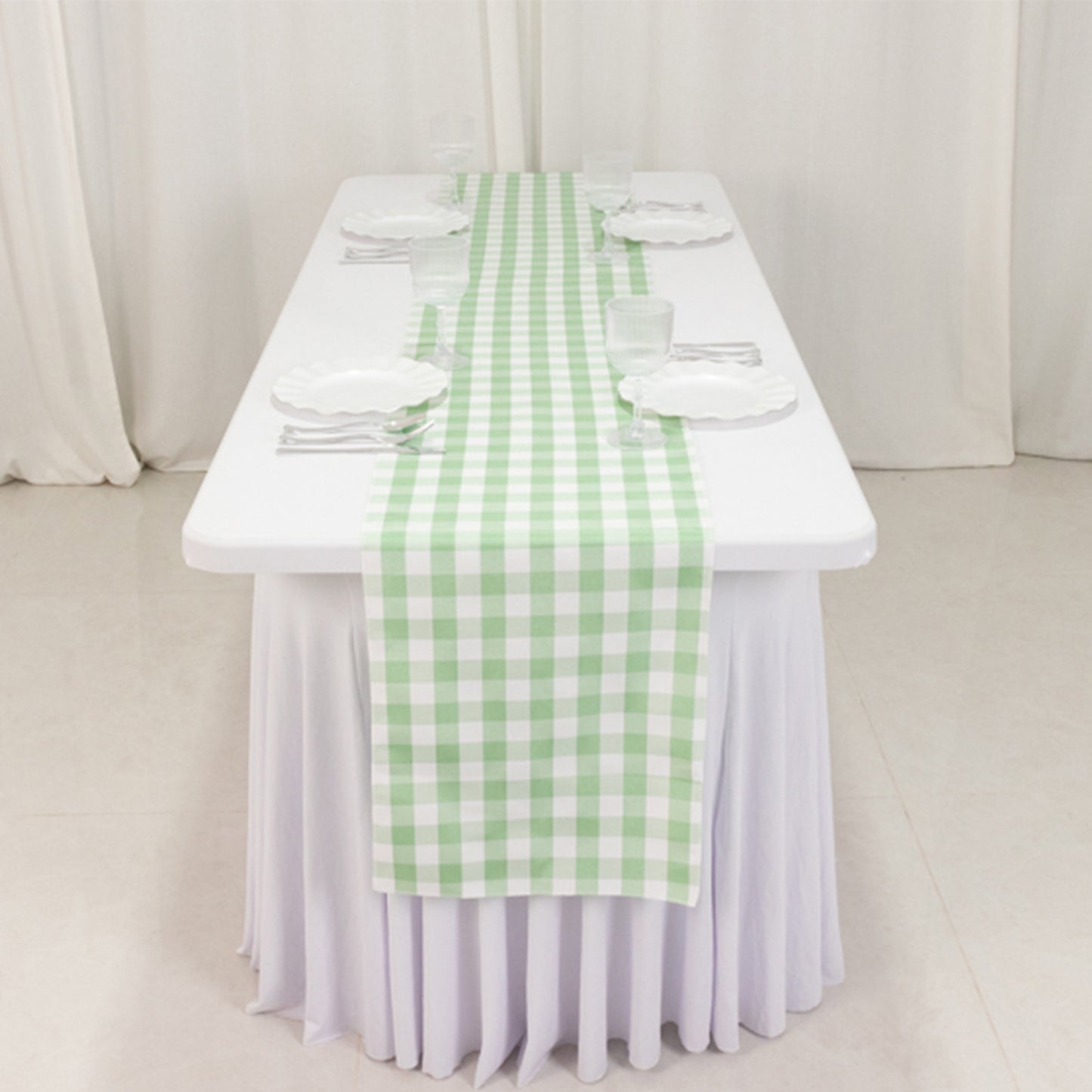 14"x108" White Sage Green White Gingham Polyester Checkered Table Runner, Buffalo Plaid Table Runner