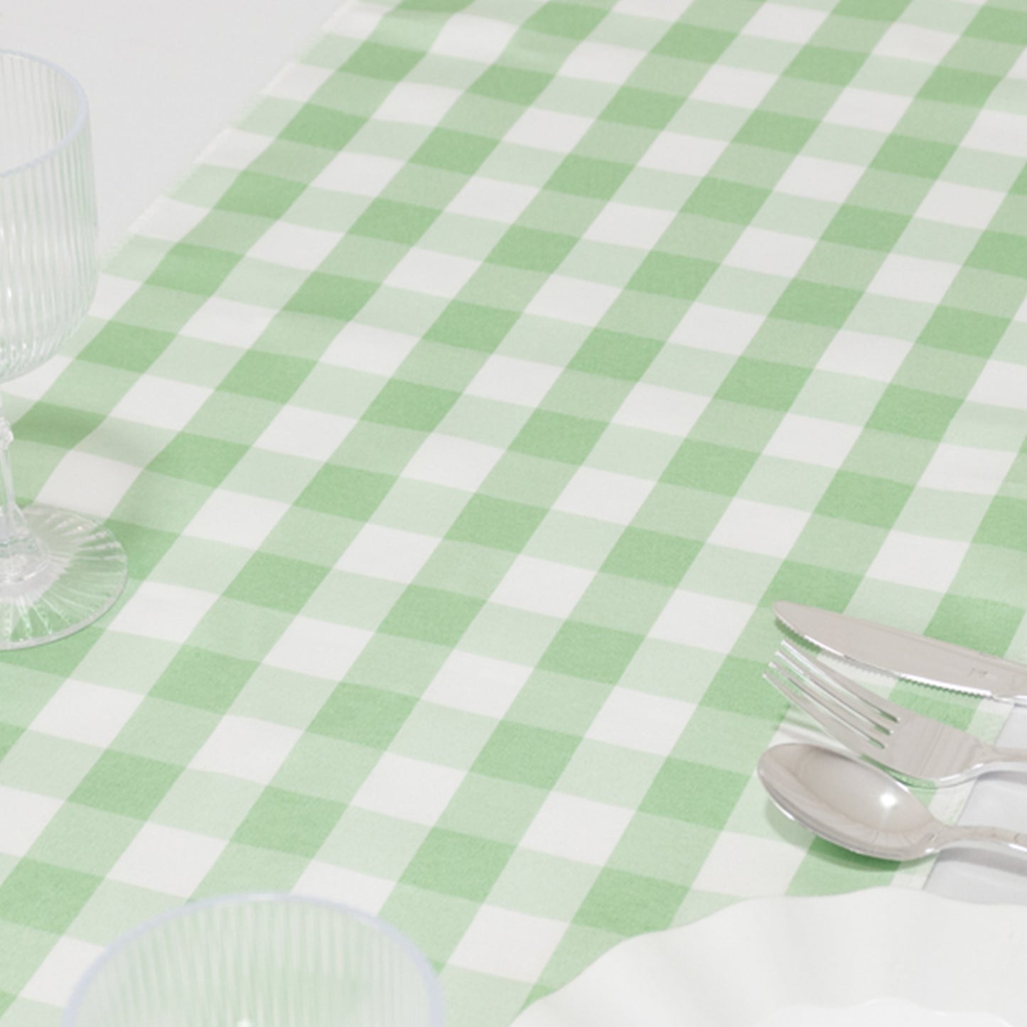 14"x108" White Sage Green White Gingham Polyester Checkered Table Runner, Buffalo Plaid Table Runner