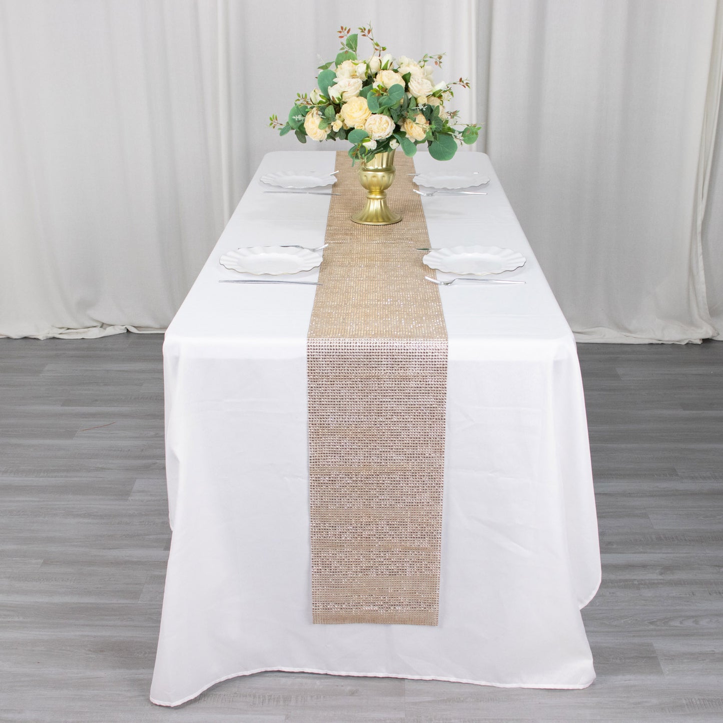 10"x108" Champagne Diamond Rhinestone Mesh Table Runner, Crystal Rhinestone Ribbon Bling Roll