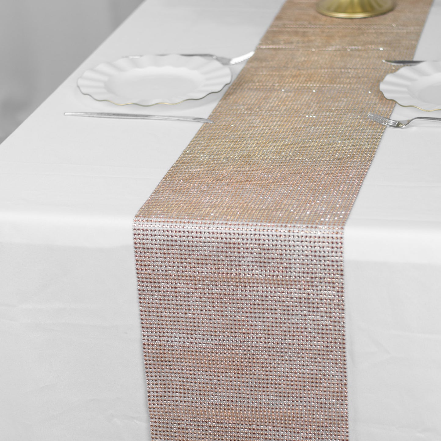 10"x108" Champagne Diamond Rhinestone Mesh Table Runner, Crystal Rhinestone Ribbon Bling Roll