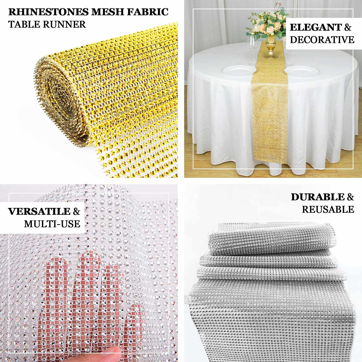 10"x108" Champagne Diamond Rhinestone Mesh Table Runner, Crystal Rhinestone Ribbon Bling Roll