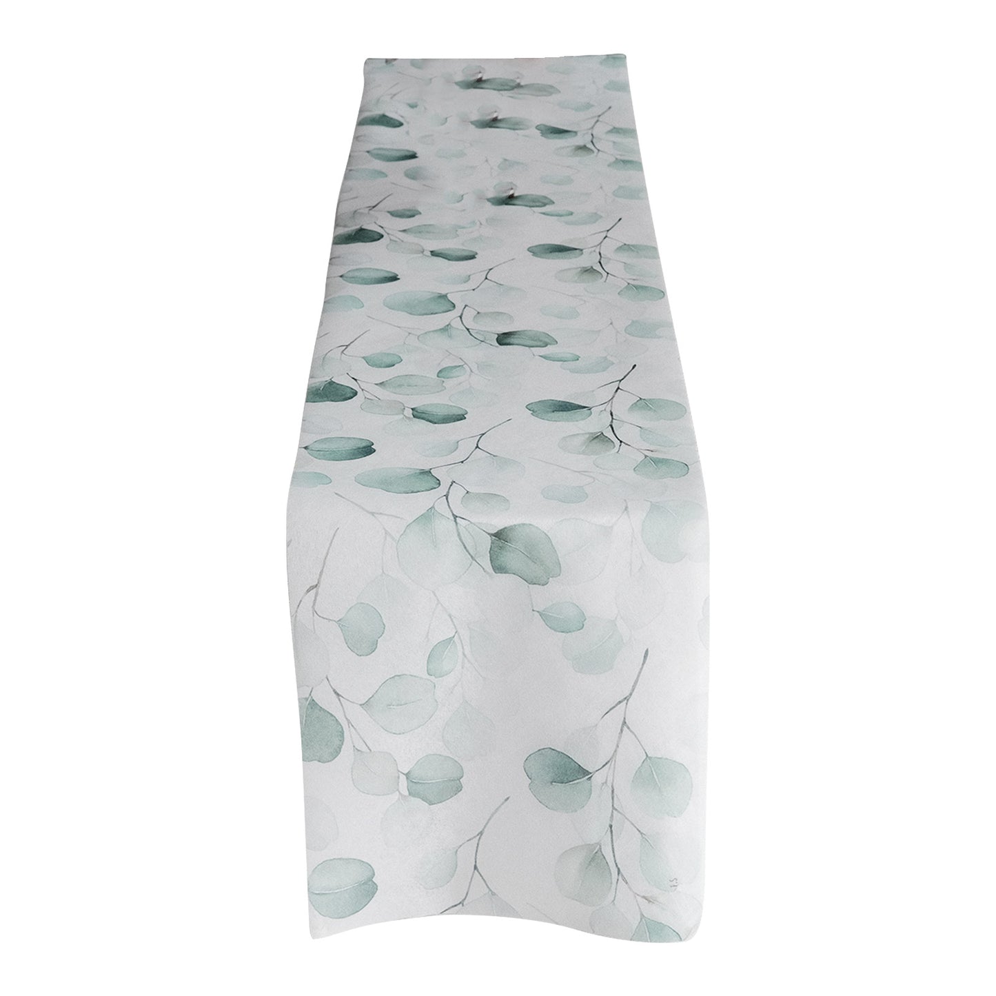 White table runner with green eucalyptus leaves print, perfect for spring and summer dining.