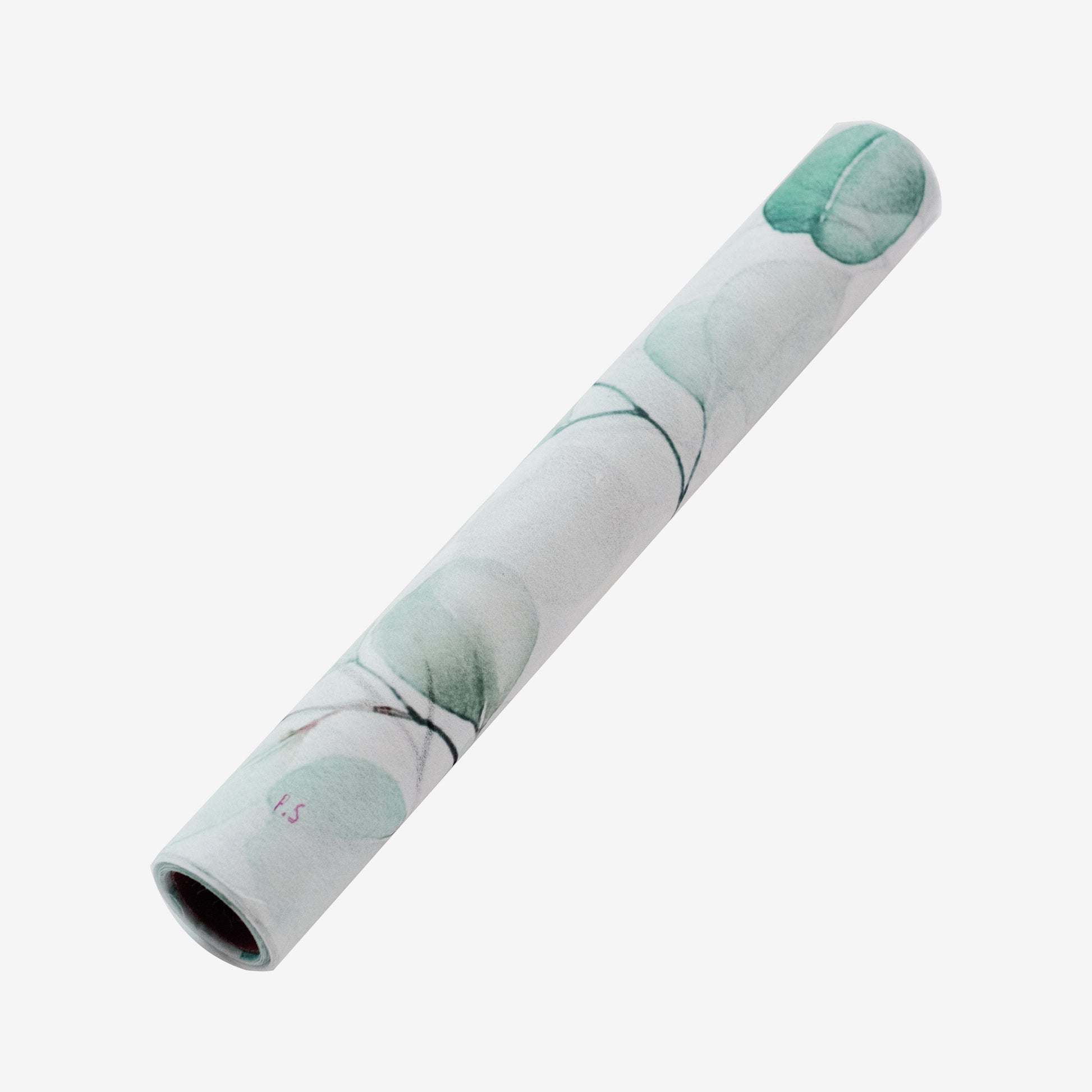 White disposable table runner with green eucalyptus leaves print.