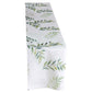 White table runner with green olive leaves print for spring summer dining decor.