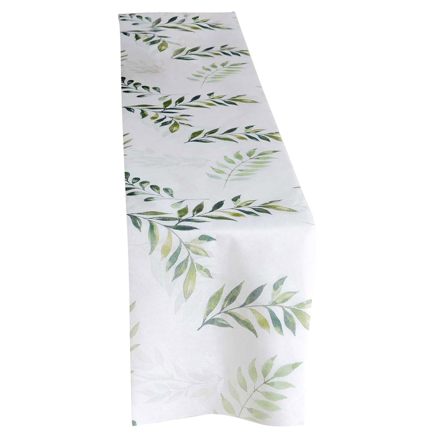 White table runner with green olive leaves print for spring summer dining decor.