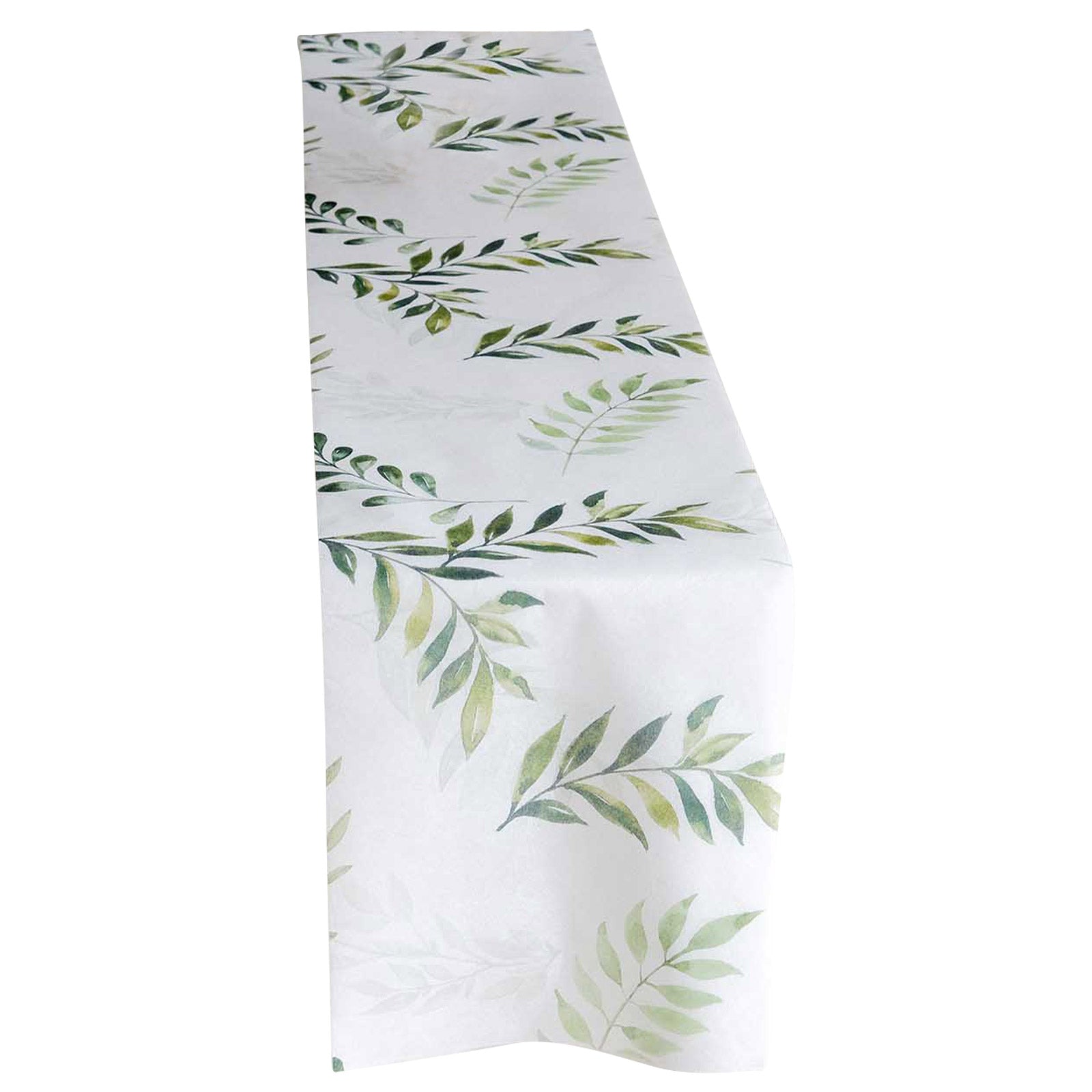 White table runner with green olive leaves print for spring summer dining decor.