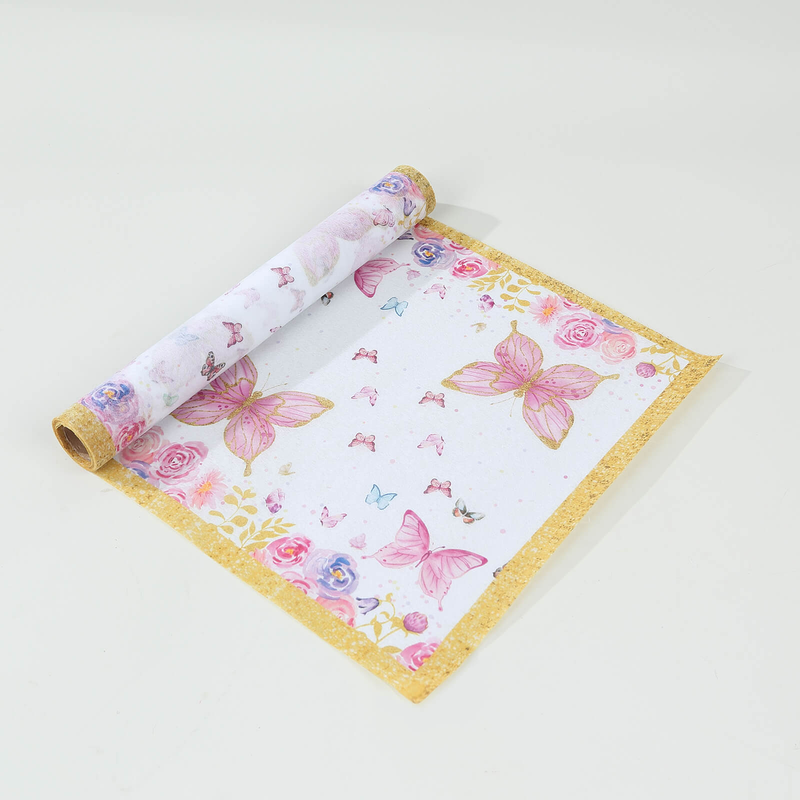 White table runner with pink butterflies, perfect for spring and summer dining decor.