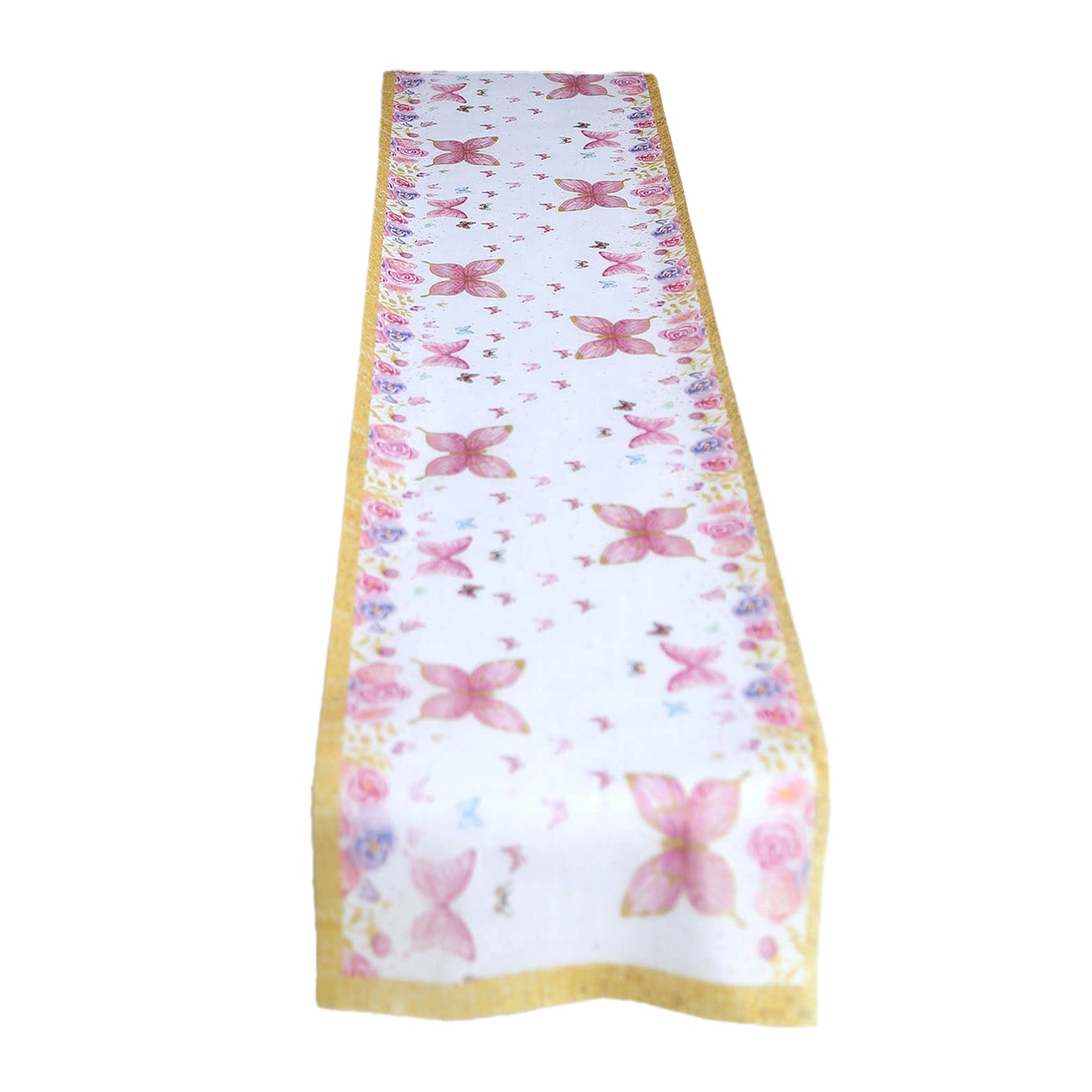 White table runner with pink butterflies, perfect for spring and summer dining decor.