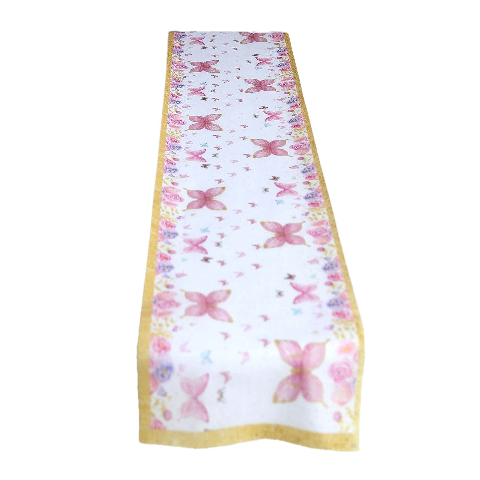 White table runner with pink butterflies, perfect for spring and summer dining decor.