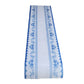 White table runner with blue ornate floral prints, stylish dining decor.