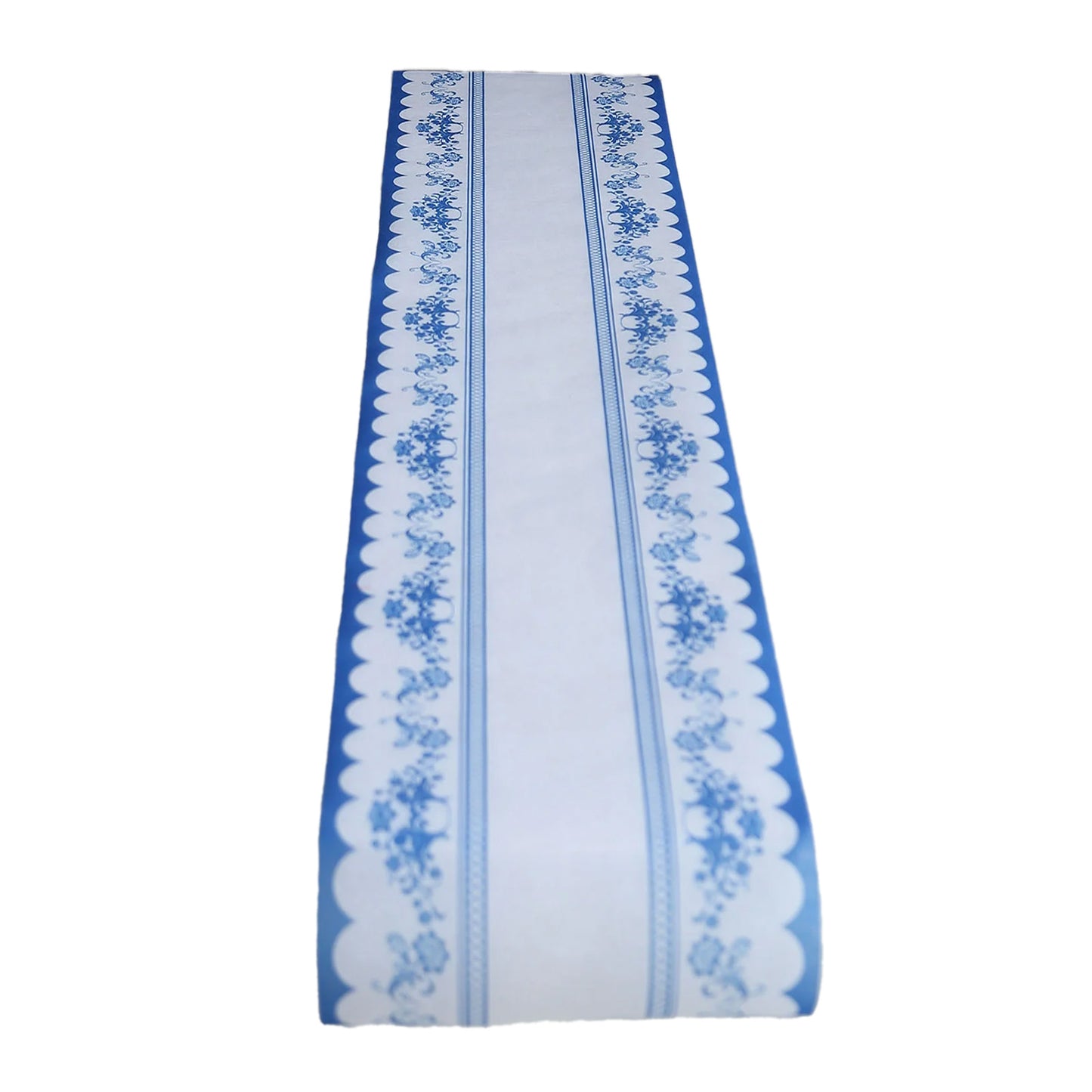 White table runner with blue ornate floral prints, stylish dining decor.