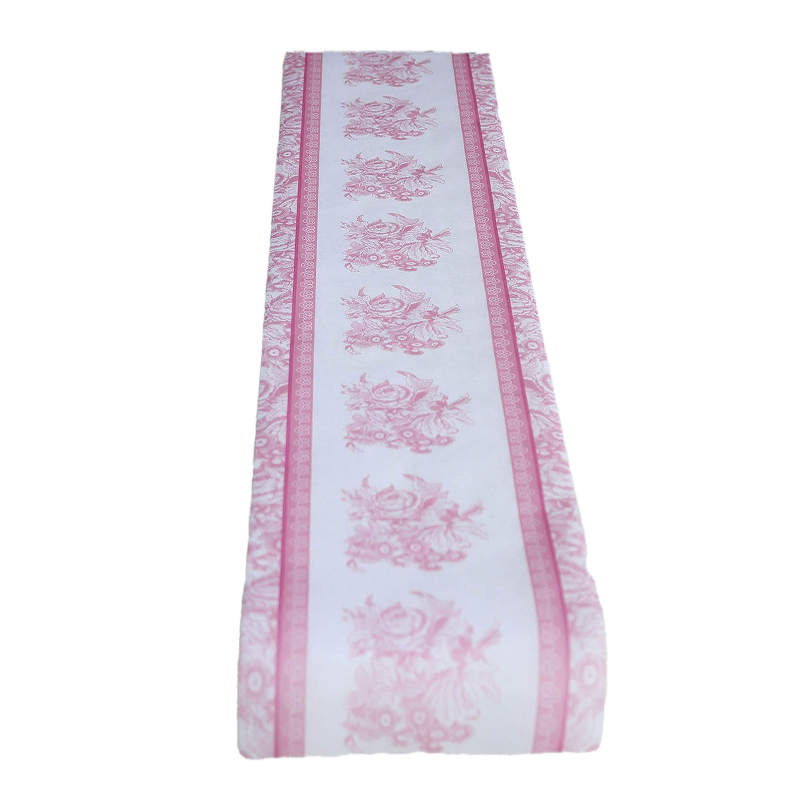 White table runner with pink floral pattern, 11"x108" disposable decor.