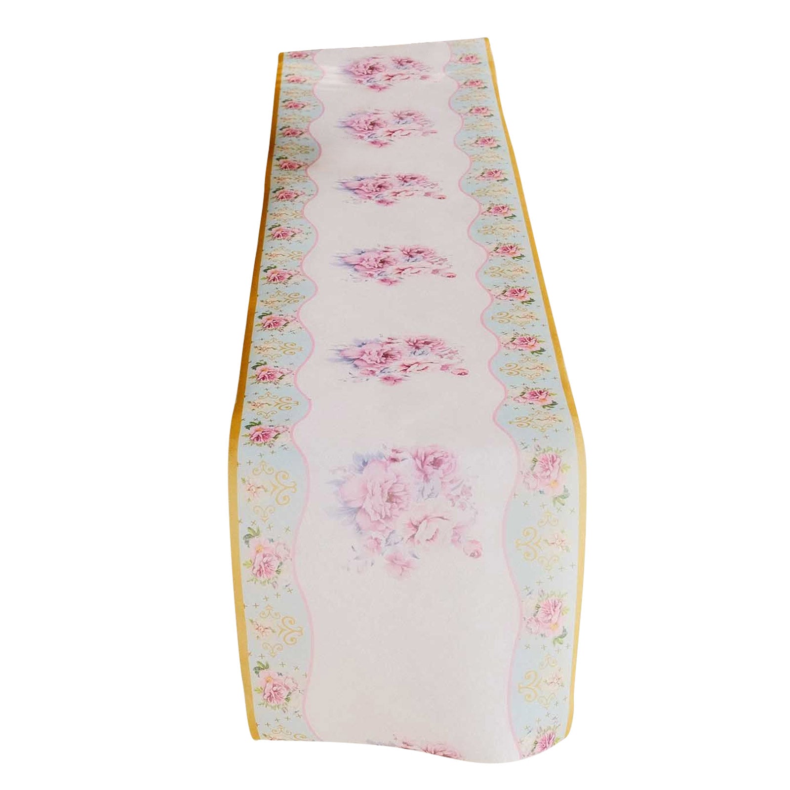 White disposable table runner with pink peony floral print.