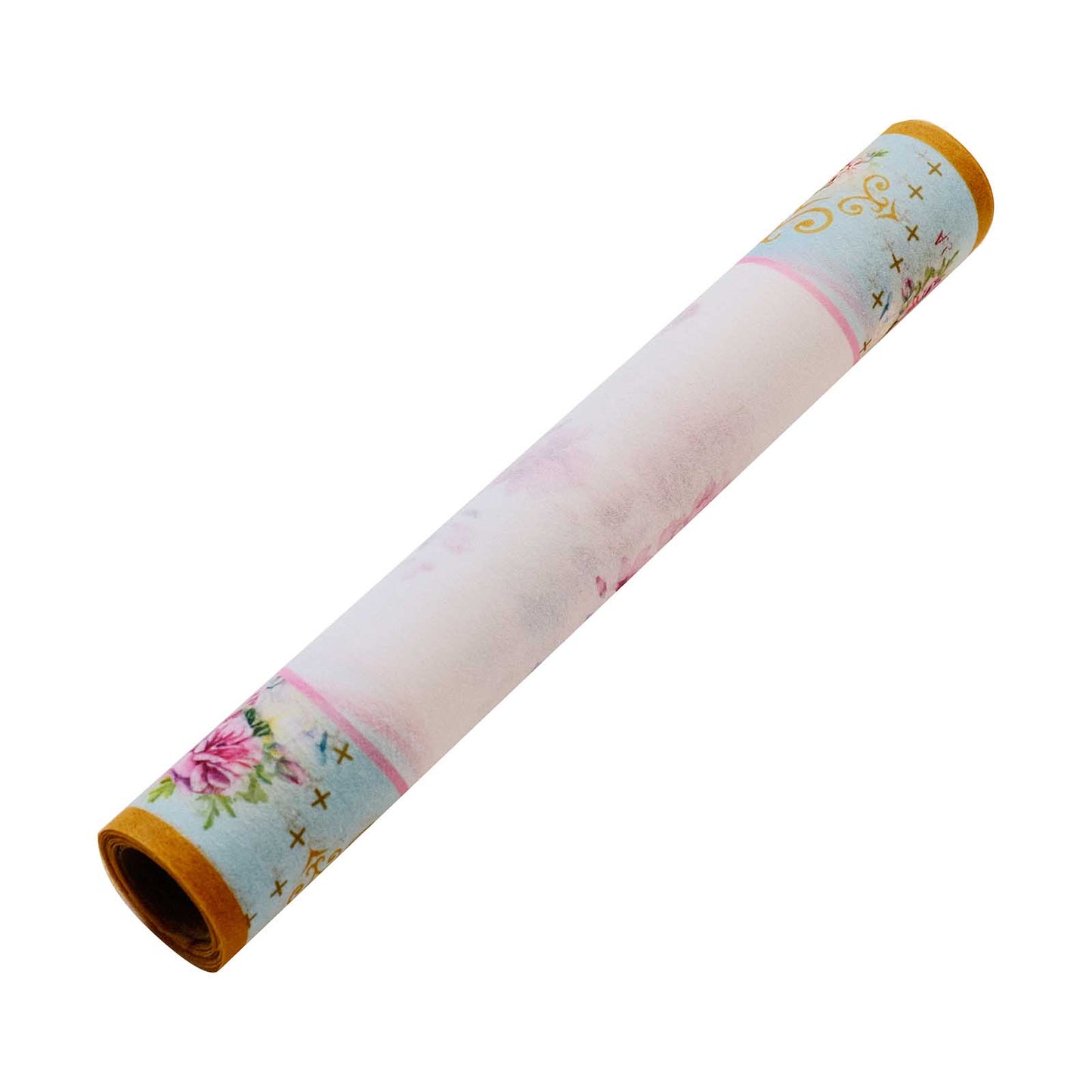 White and pink floral disposable table runner for spring summer dining decor.