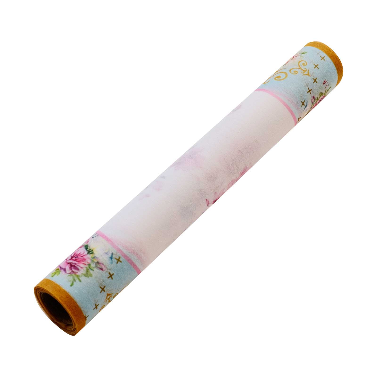White and pink floral disposable table runner for spring summer dining decor.