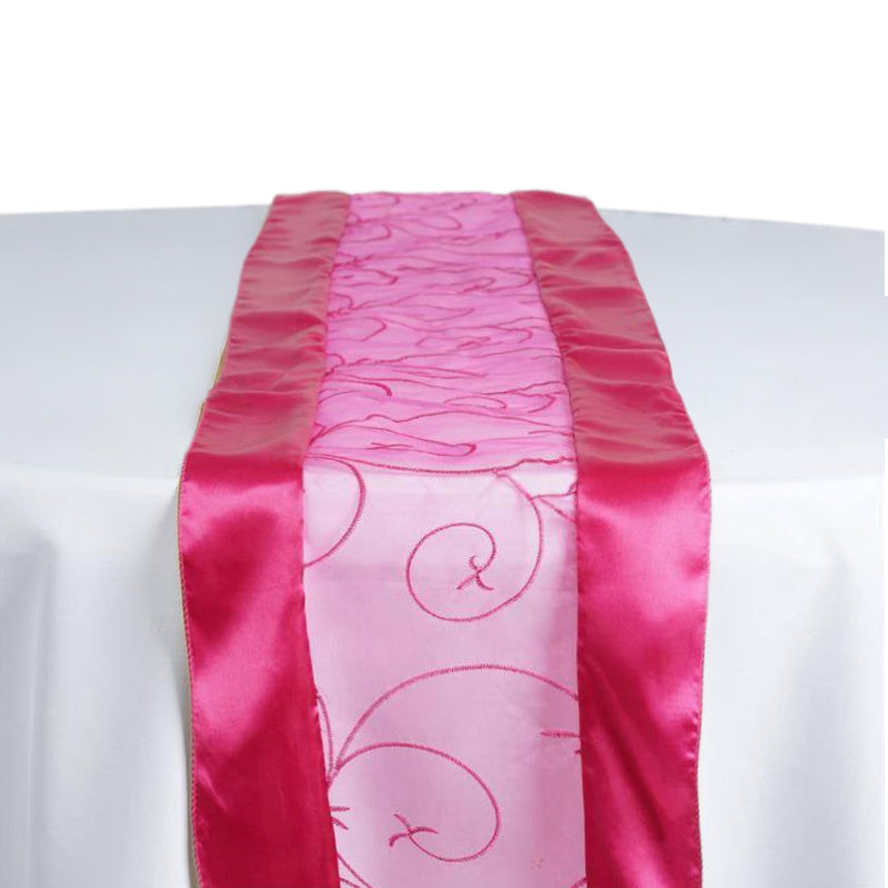 14"x108" Fuchsia Satin Embroidered Sheer Organza Table Runner