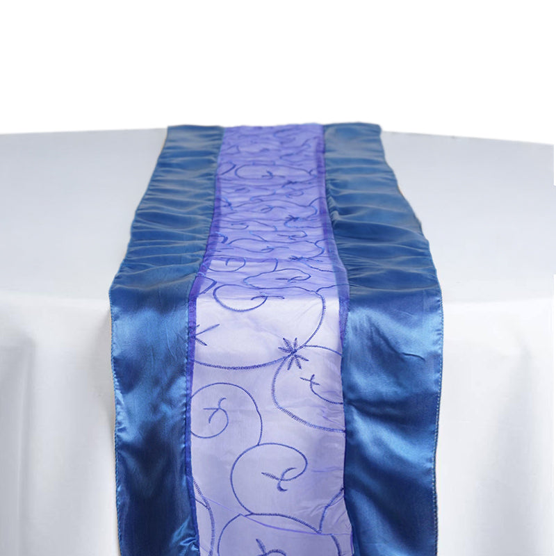 14"x108" Royal Blue Satin Embroidered Sheer Organza Table Runner