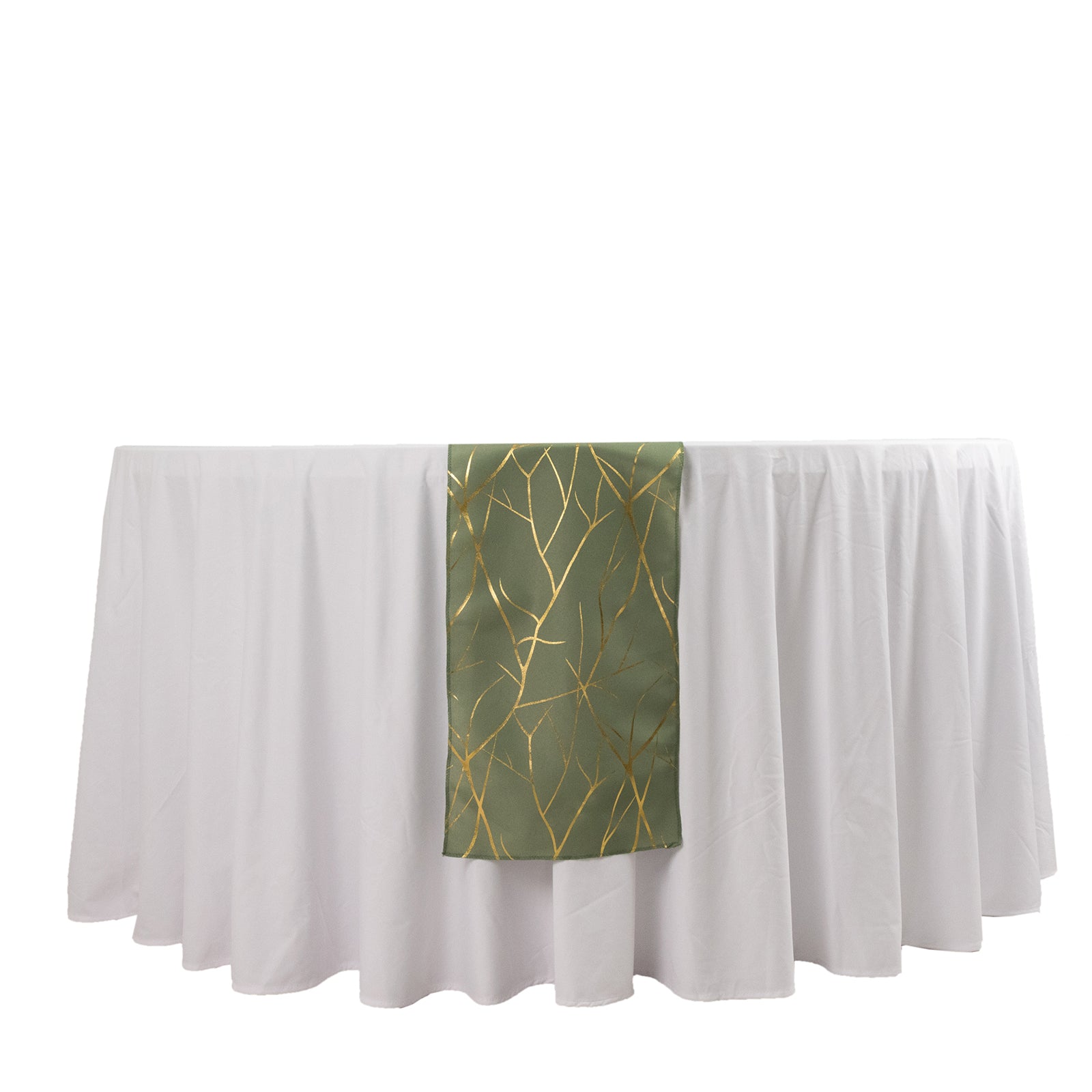 9ft Dusty Sage Green Table Runner with Gold Foil Tree Branch Pattern on a white table.