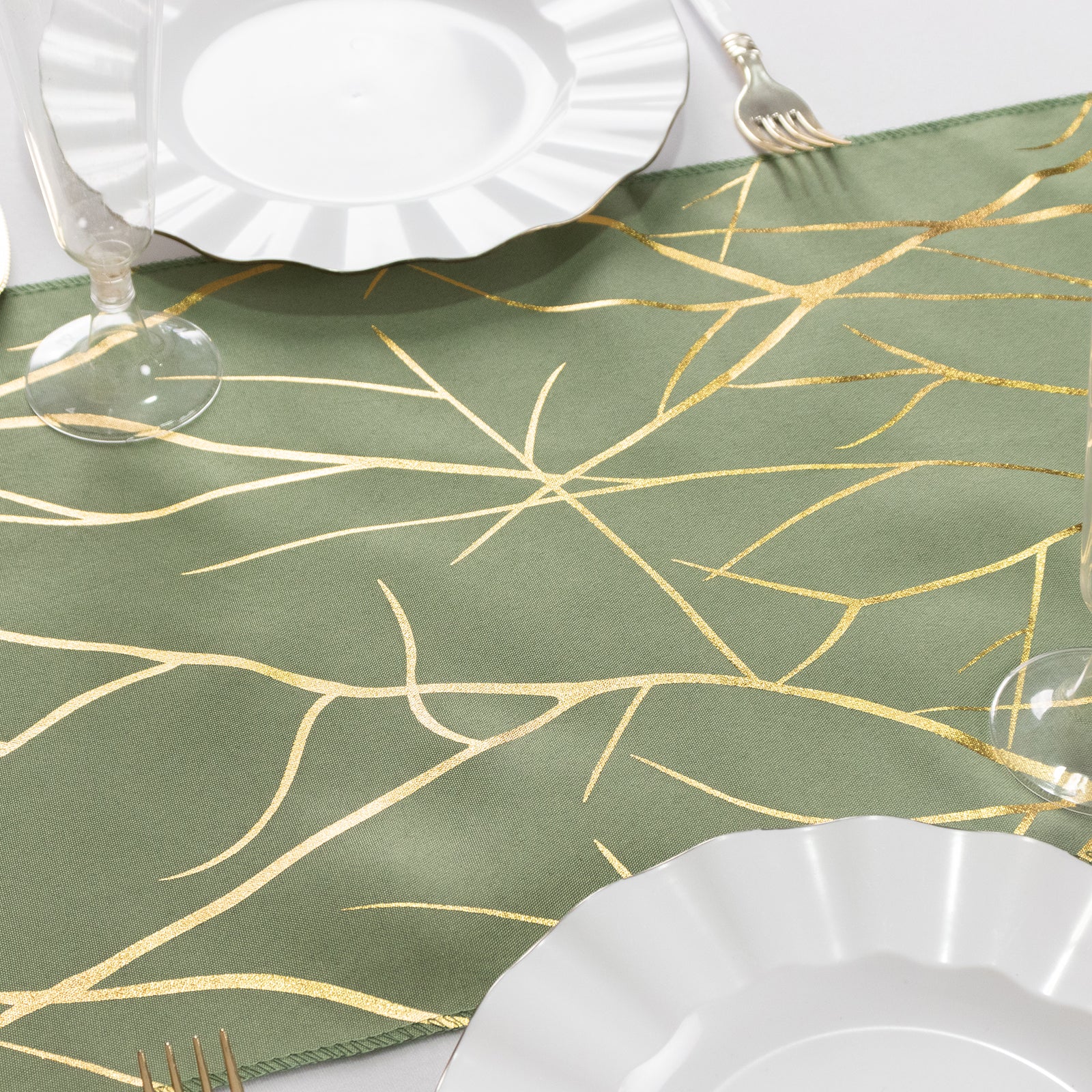 9ft dusty sage green table runner with gold foil tree branch pattern.