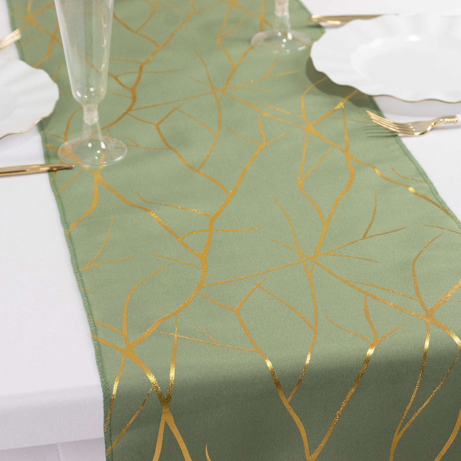 9ft Dusty Sage Green Table Runner with Gold Foil Tree Branch Pattern