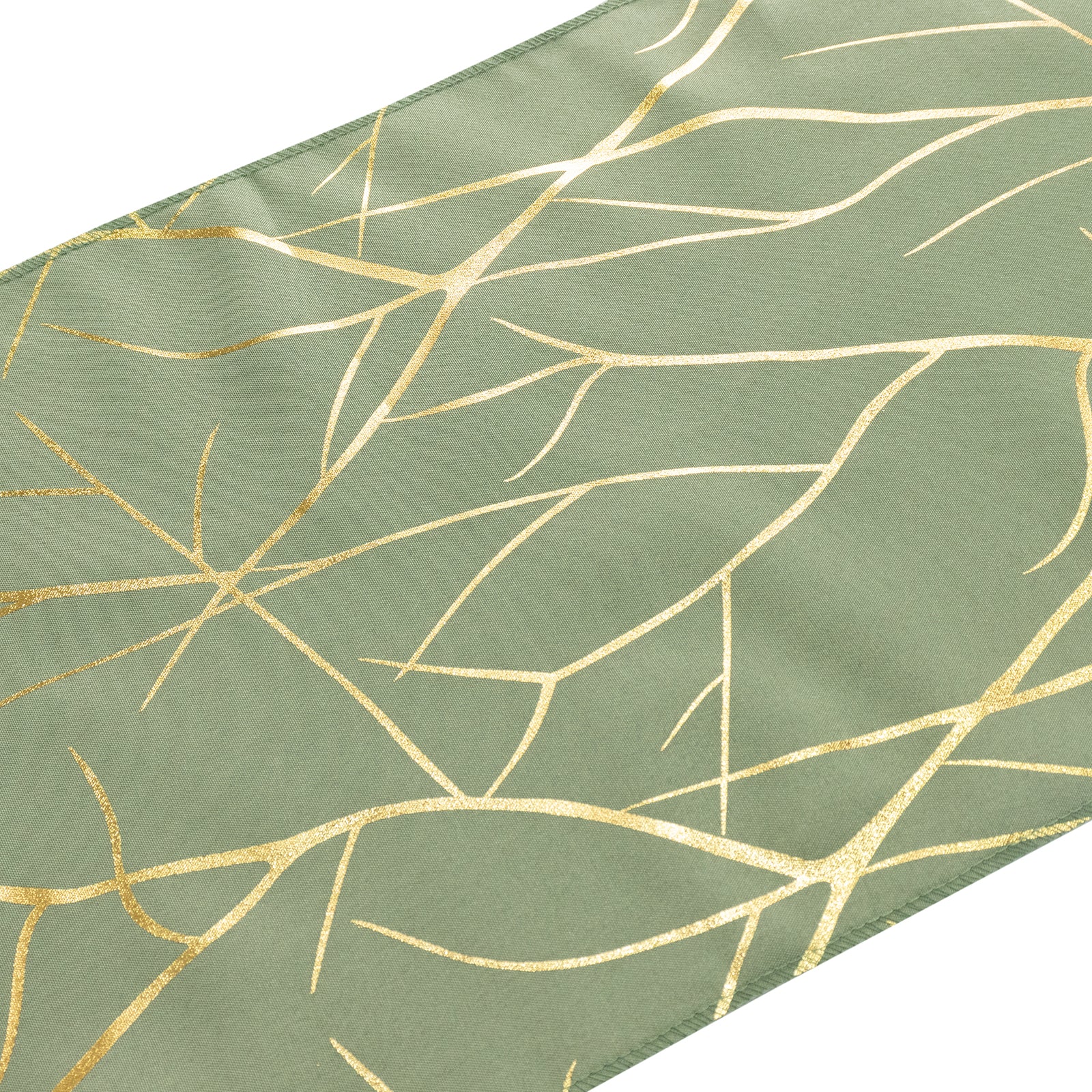9ft Dusty Sage Green Table Runner with Gold Foil Tree Branch Pattern