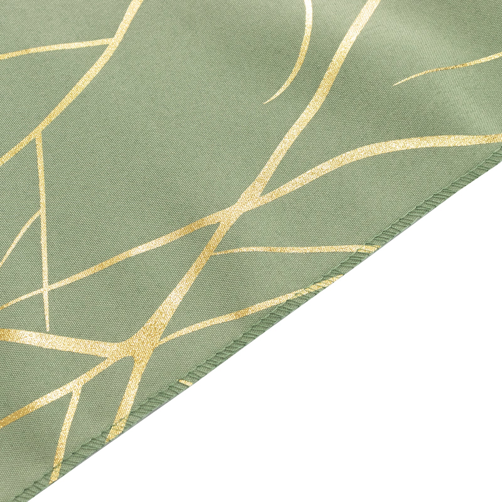 Dusty sage green table runner with gold foil tree branch pattern.