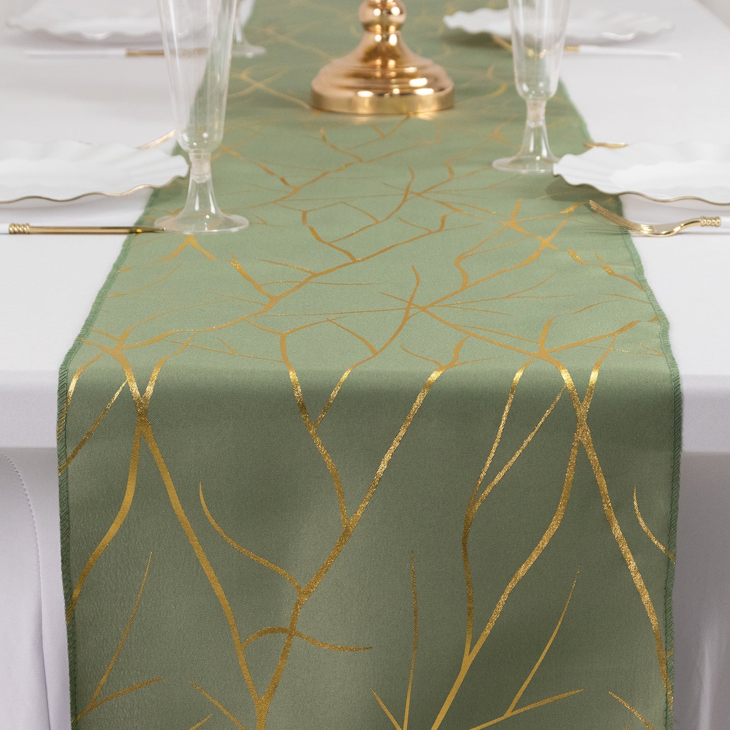 9ft Dusty Sage Green Table Runner with Gold Foil Tree Branch Pattern