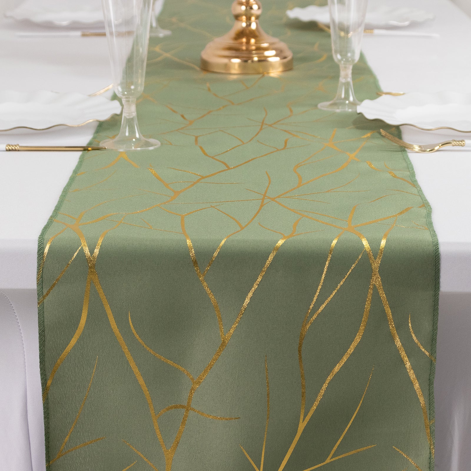 9ft Dusty Sage Green Table Runner with Gold Foil Tree Branch Pattern