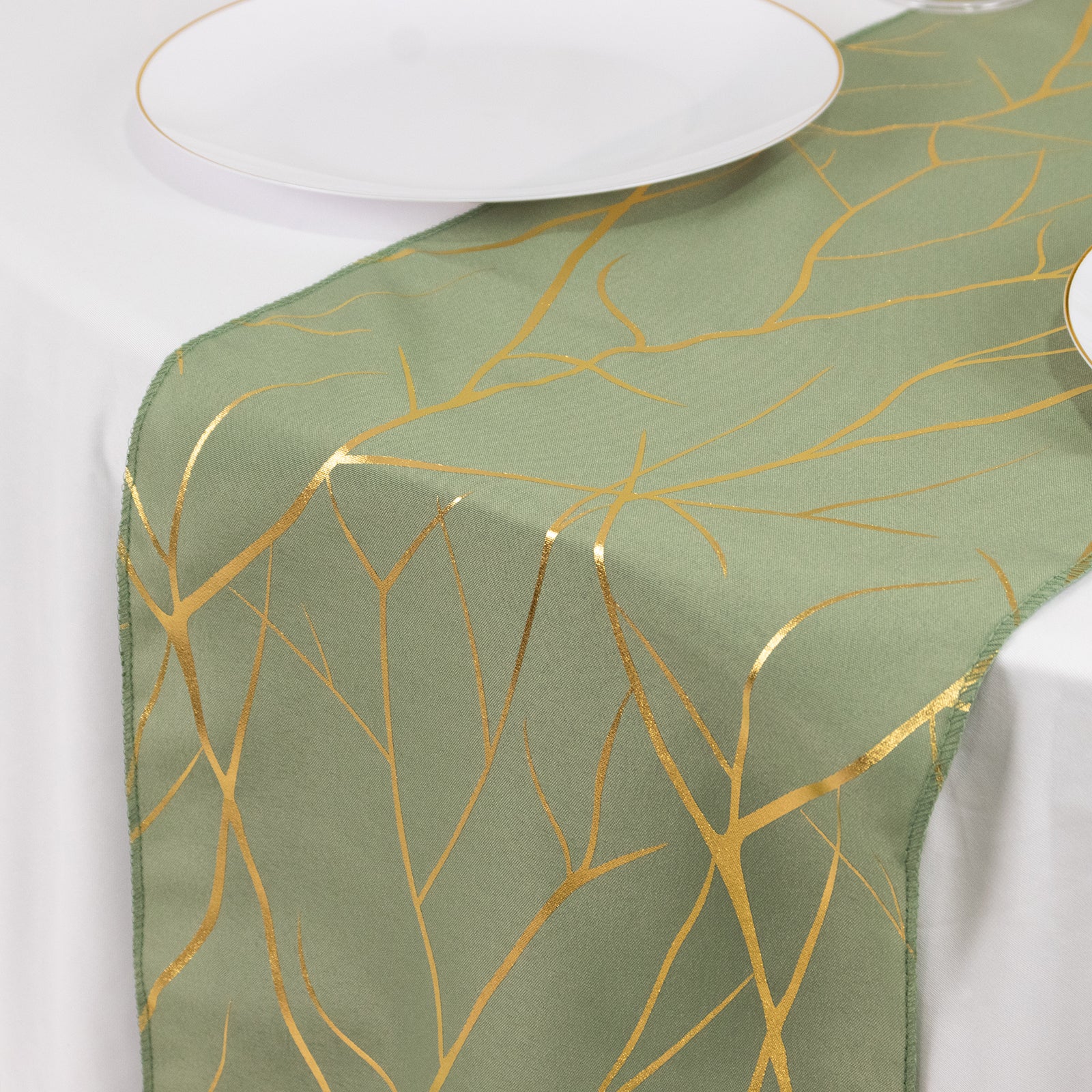 9ft Dusty Sage Green Table Runner with Gold Foil Tree Branch Pattern