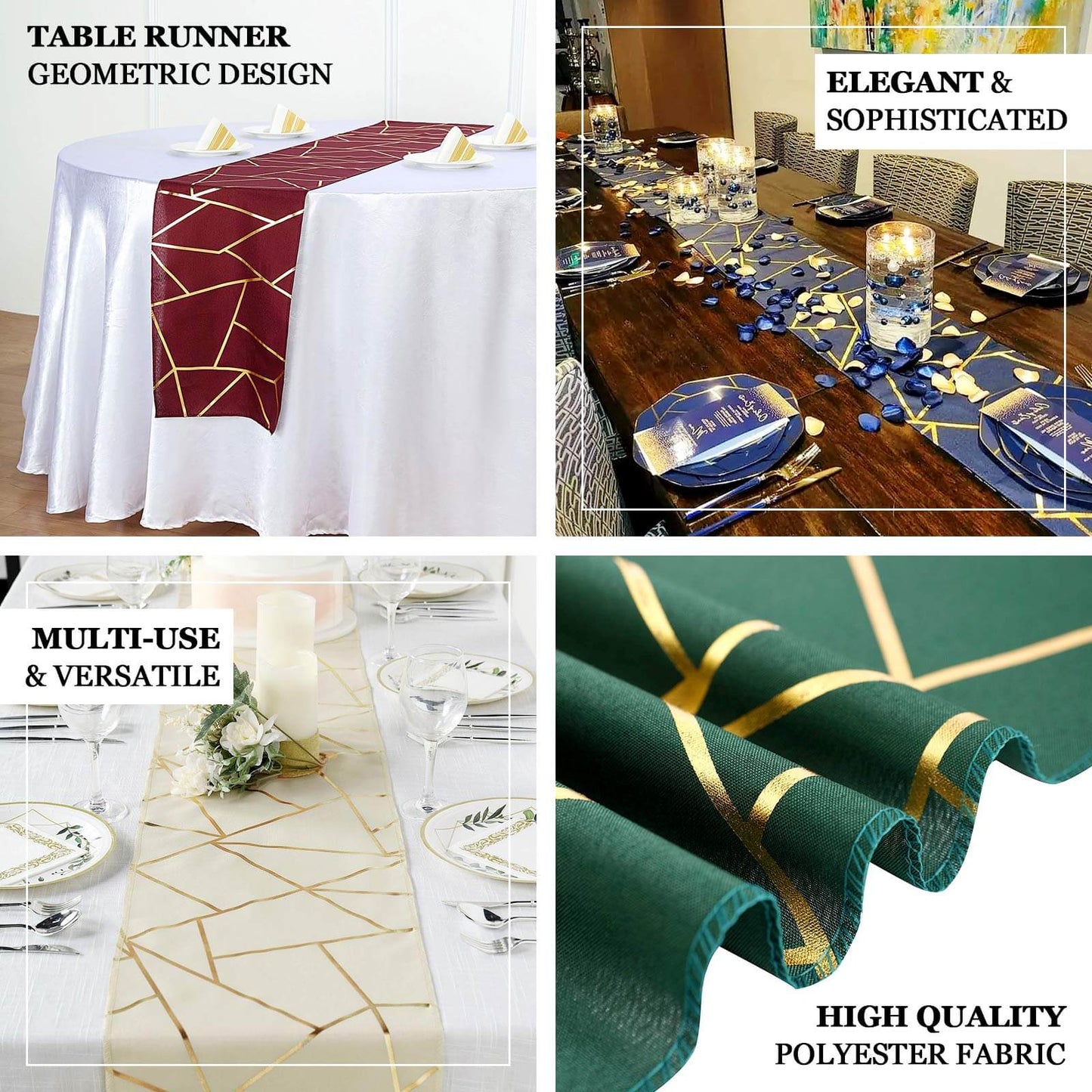 White and gold geometric pattern table runner on a dining table.