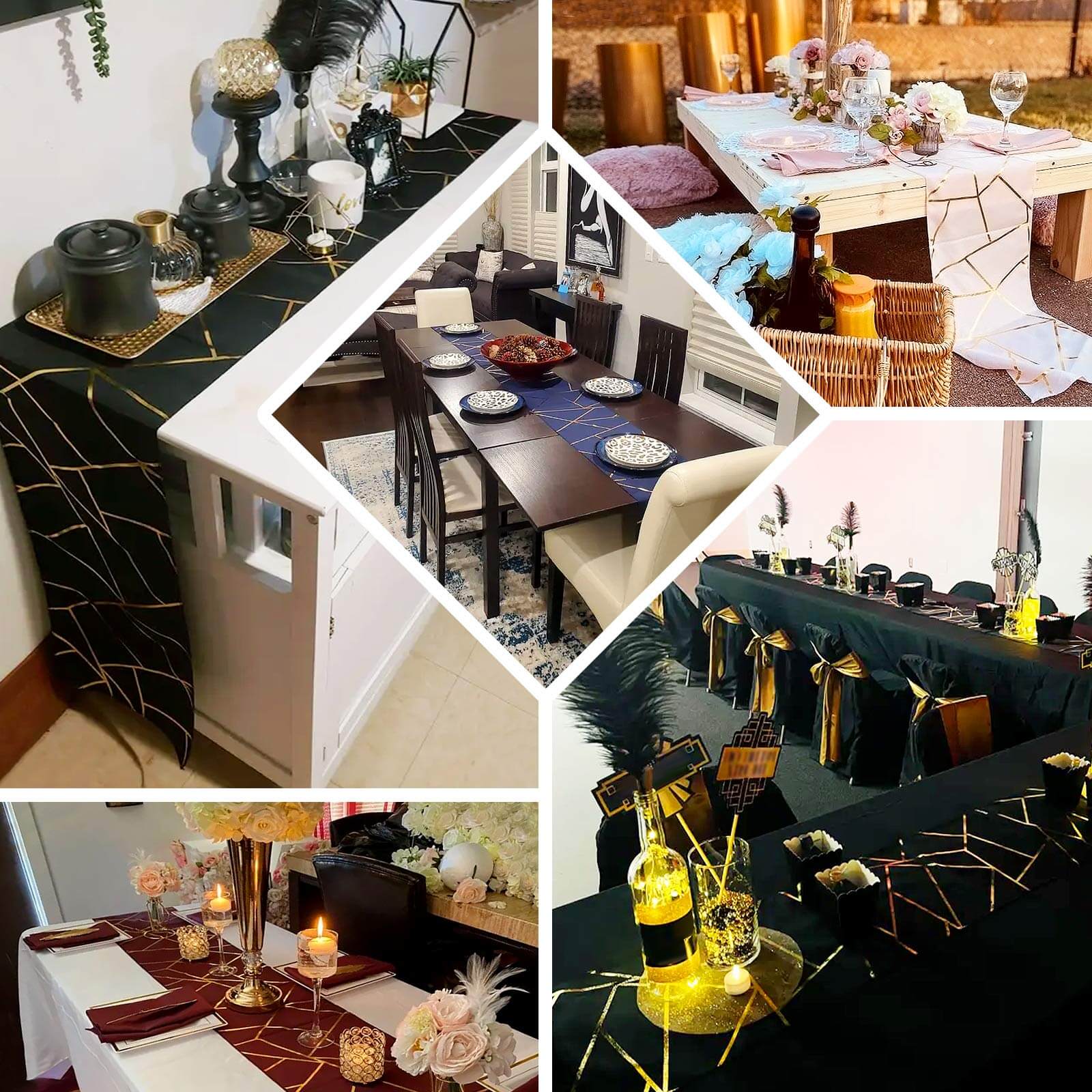 Black table runner with gold foil geometric pattern on various table setups.