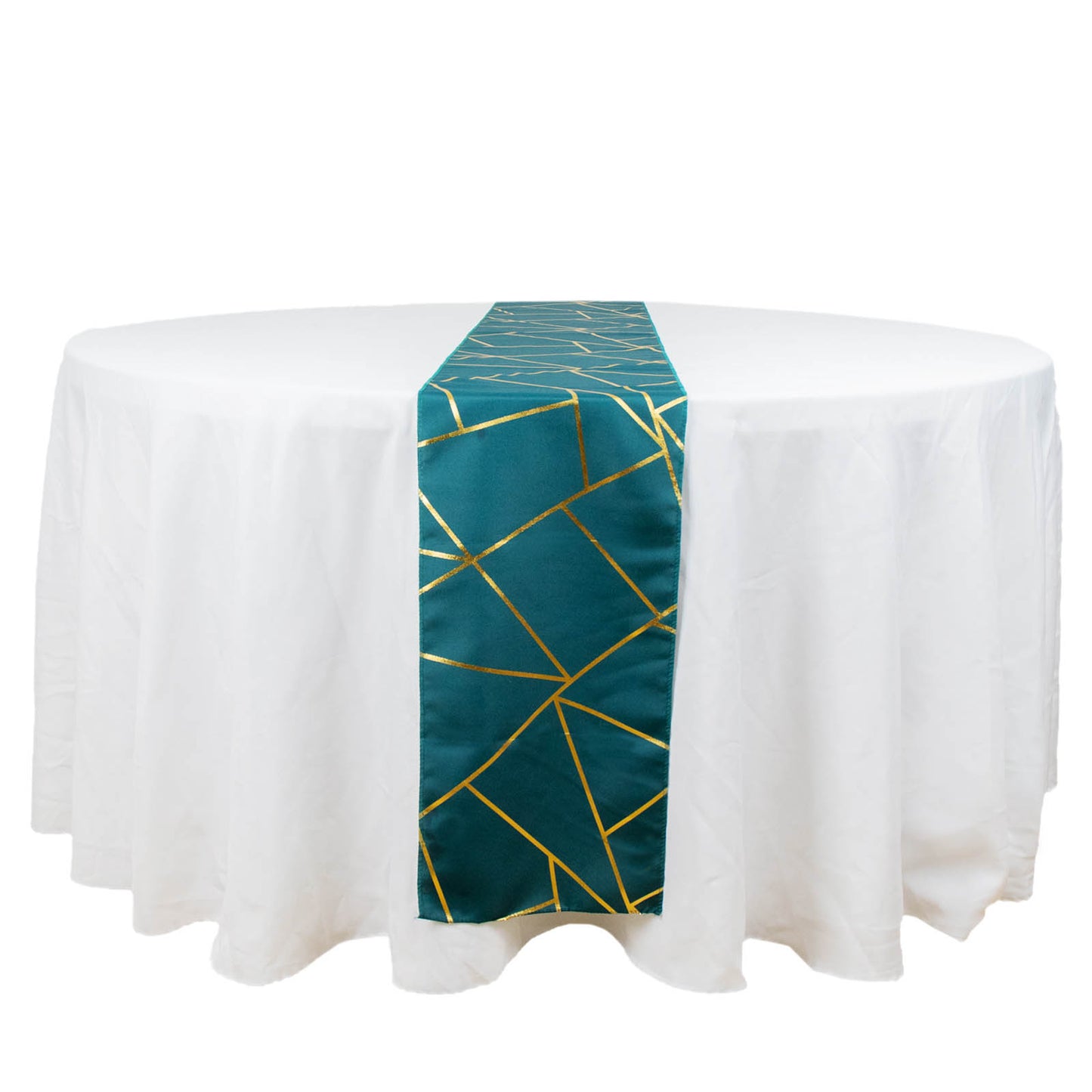 Peacock teal table runner with gold foil geometric pattern.