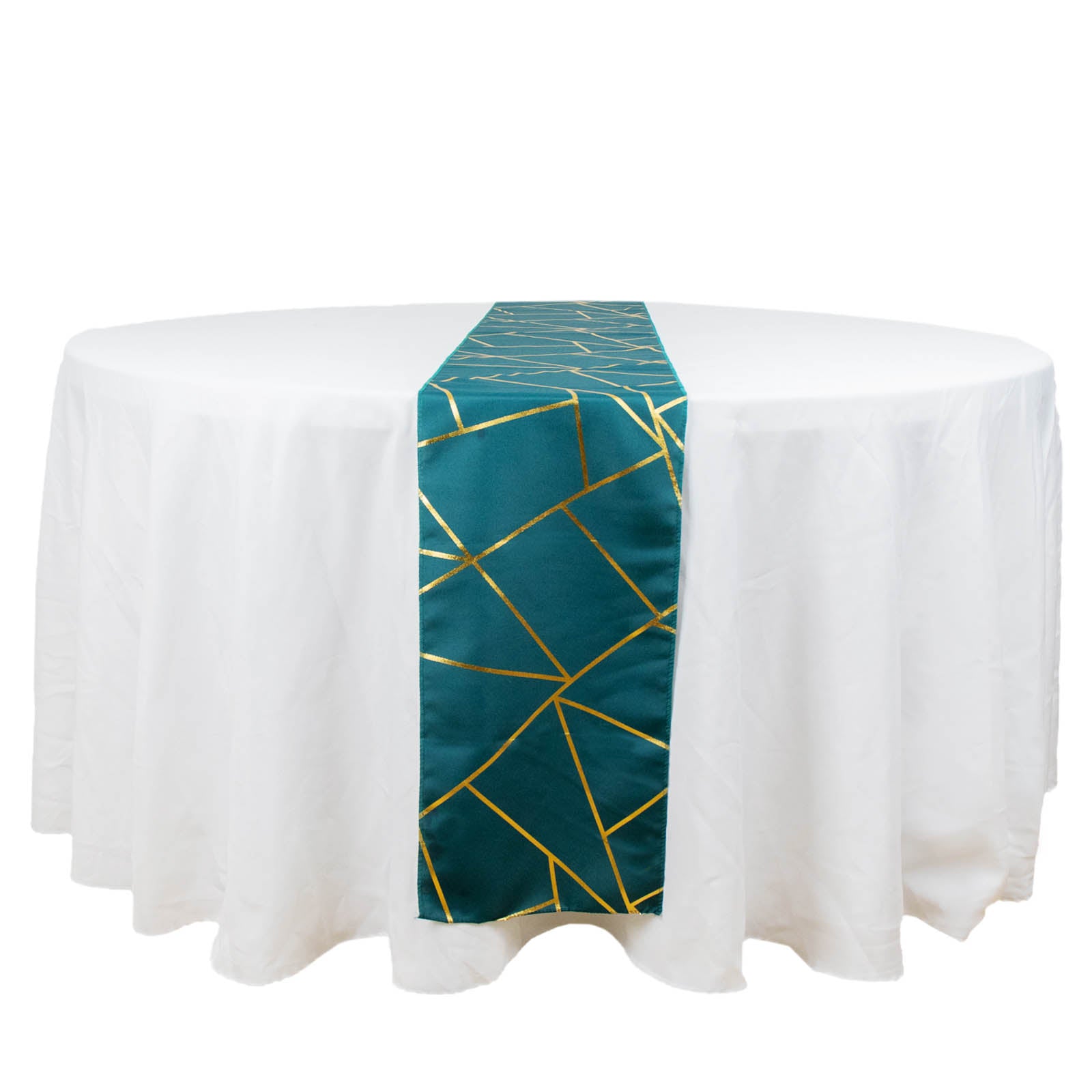 Peacock teal table runner with gold foil geometric pattern.