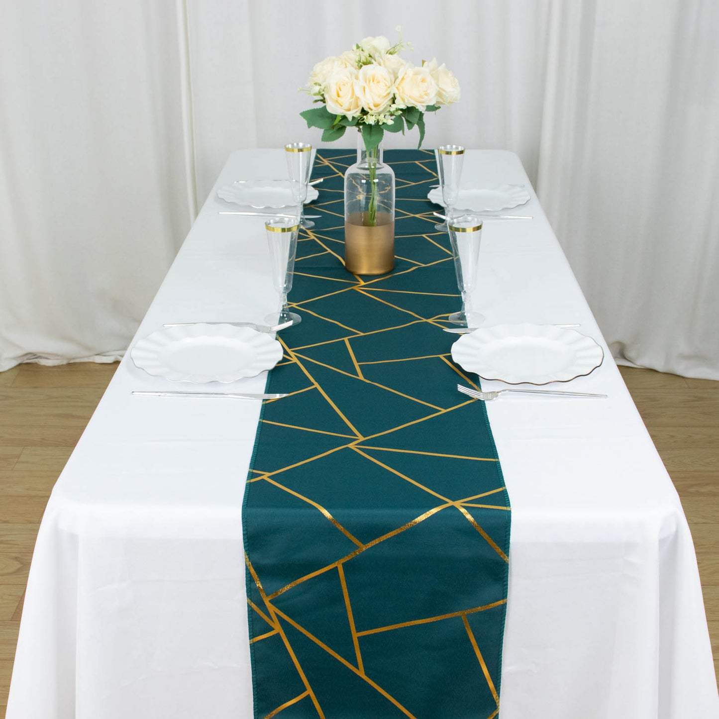 Peacock teal table runner with gold foil geometric pattern.