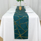 Peacock teal table runner with gold foil geometric pattern.