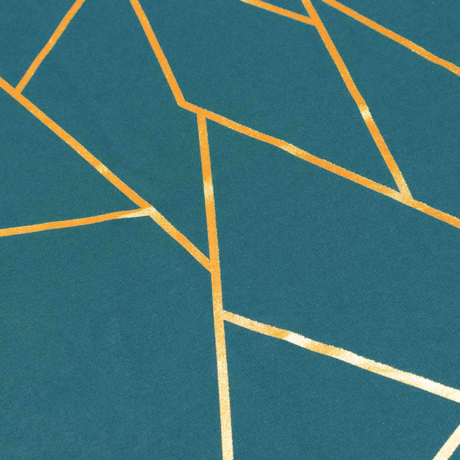 Peacock teal table runner with gold foil geometric pattern.