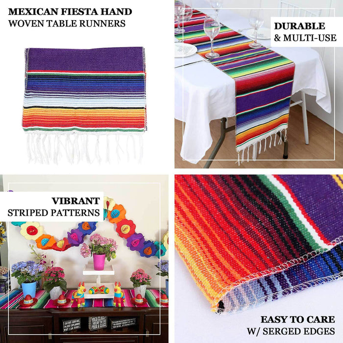 Vibrant Mexican serape table runner with tassels, perfect for fiesta decor.