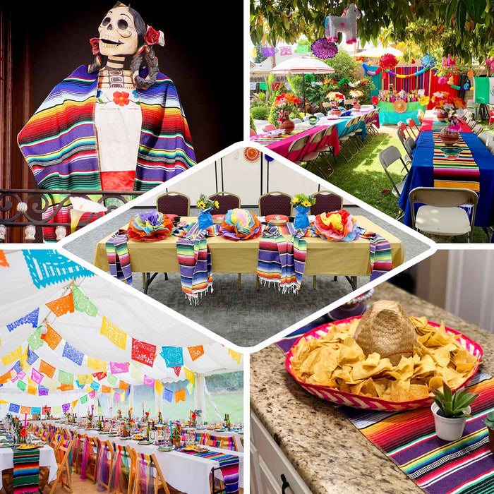 Colorful Mexican serape table runner with tassels for fiesta party decor.