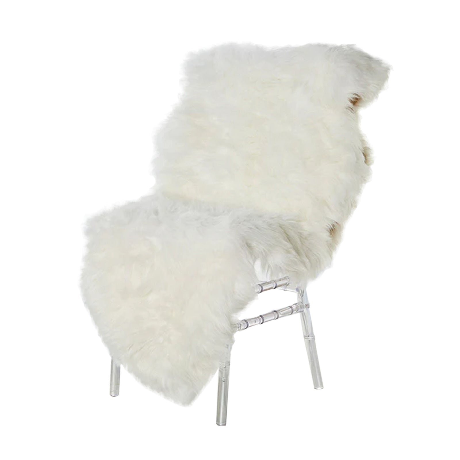White faux sheepskin rug runner on a chair, soft and fluffy texture. #whtbkgd