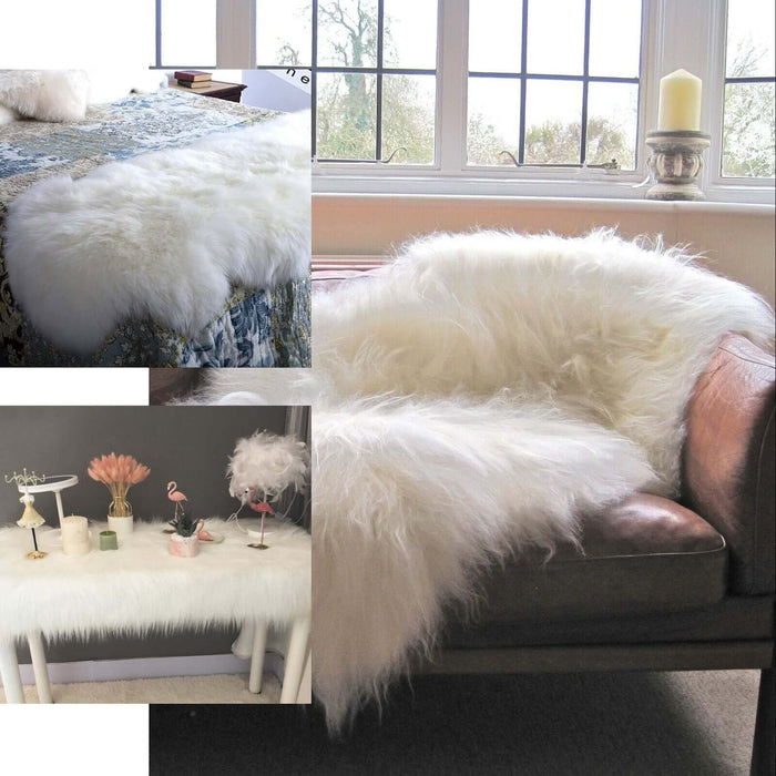 White fluffy faux sheepskin rug runner, 6ft x 2ft, perfect for cozy decor.