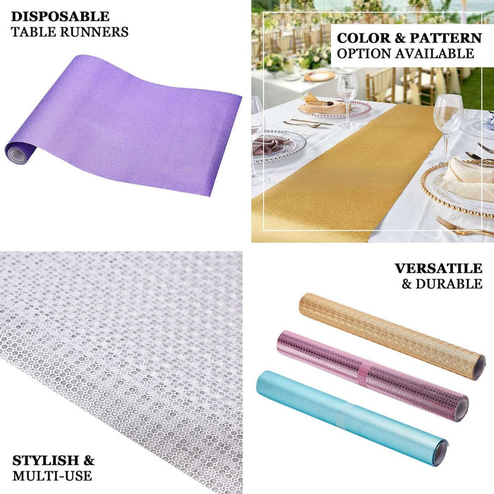 Silver disposable paper table runner with a glamorous column print.