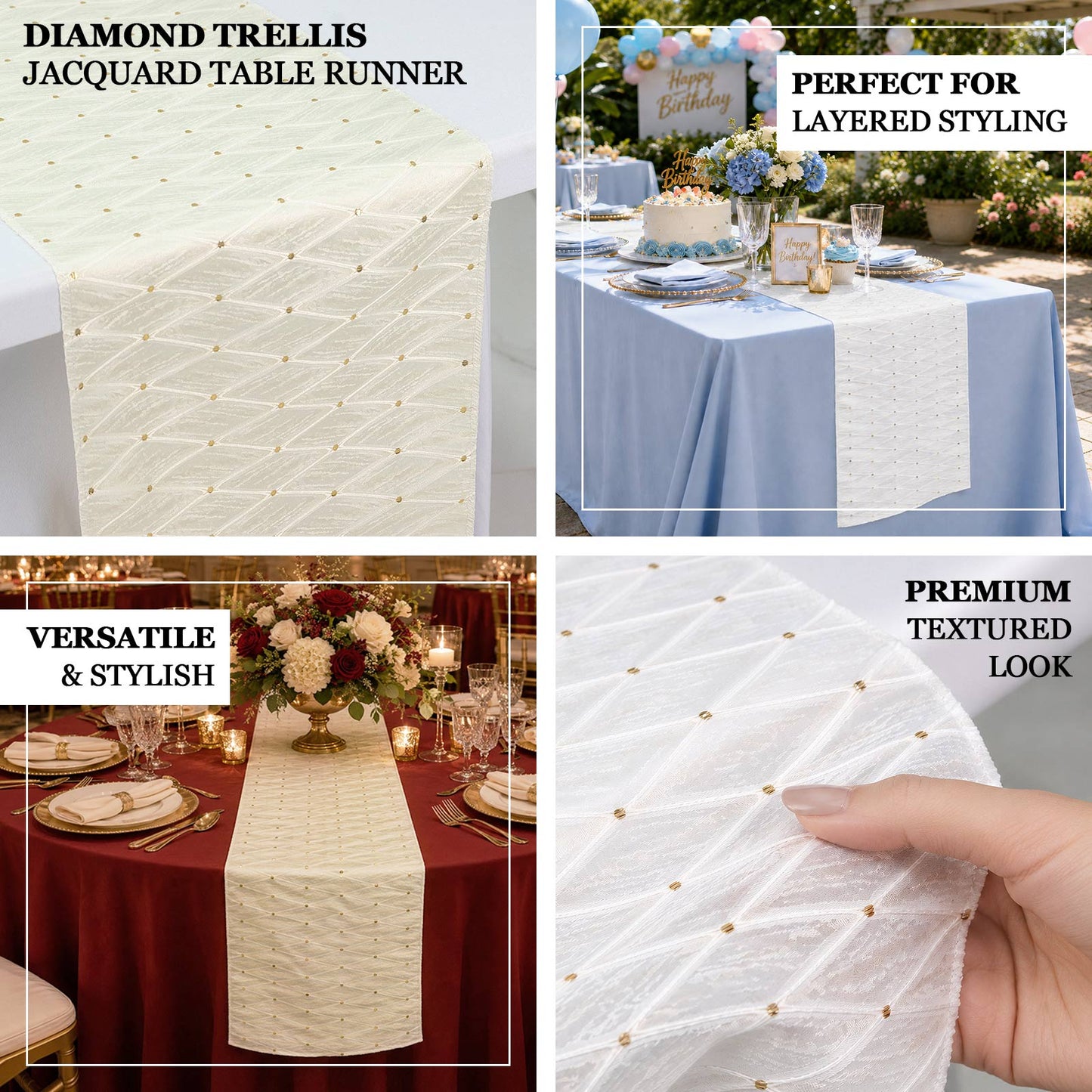 Jacquard Table Runner Ivory, 12"x108" - Diamond Trellis with Gold Accent Dots