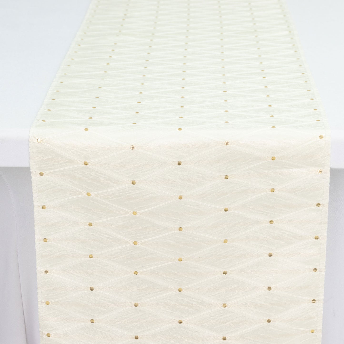 Jacquard Table Runner Ivory, 12"x108" - Diamond Trellis with Gold Accent Dots