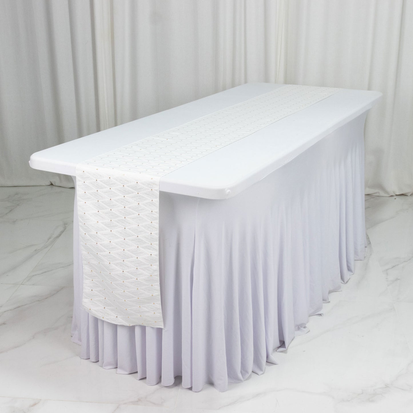 Jacquard Table Runner White, 12"x108" - Diamond Trellis with Gold Accent Dots