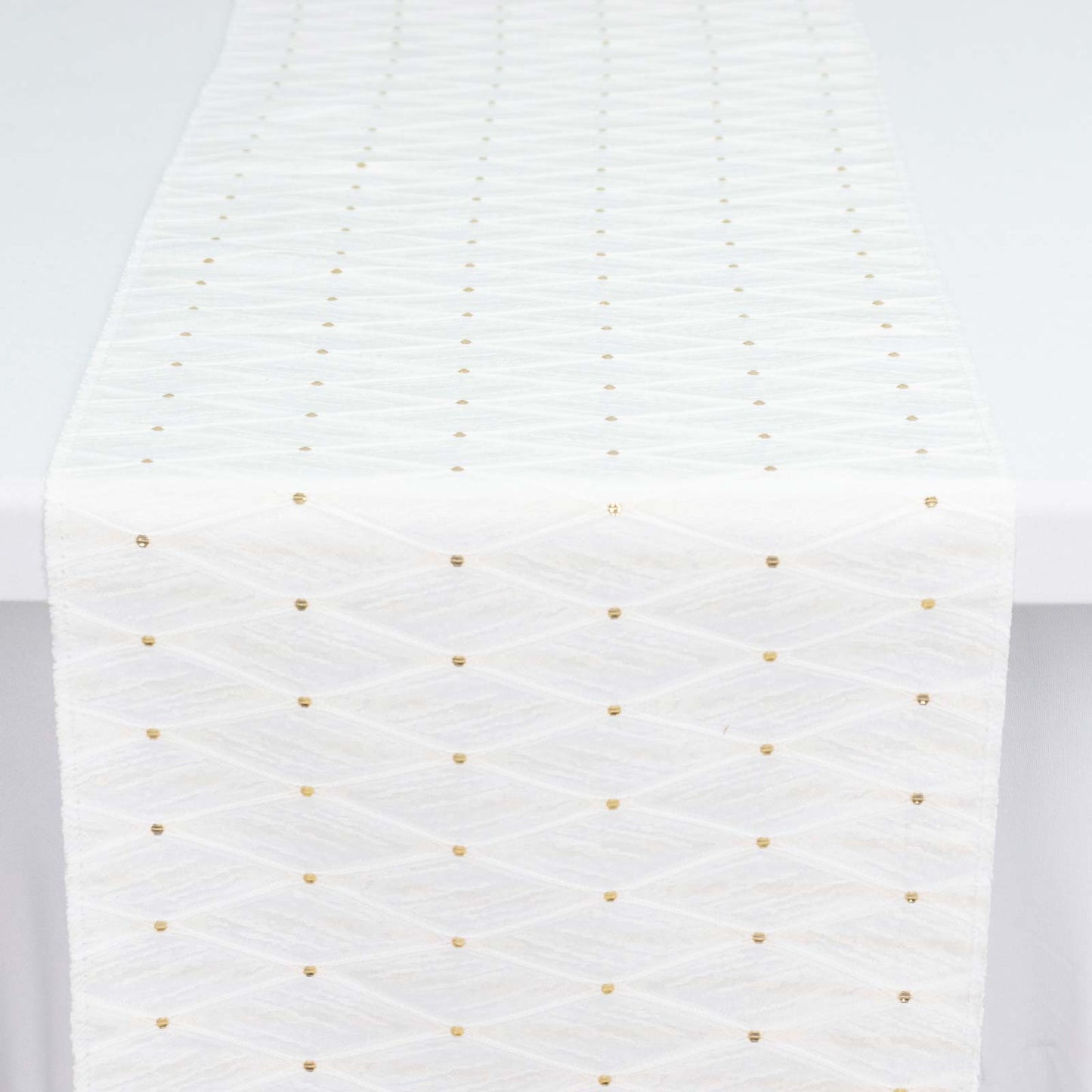 Jacquard Table Runner White, 12"x108" - Diamond Trellis with Gold Accent Dots