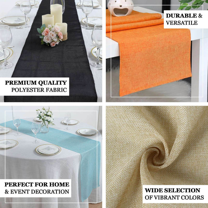 Sage green boho chic rustic faux jute linen table runner on a table.
